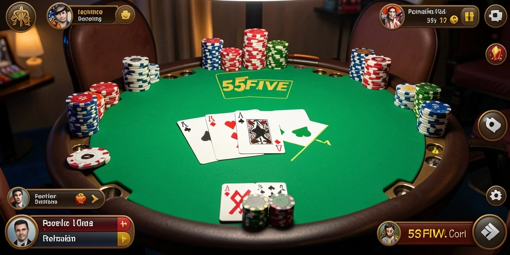 Screenshot 55FIVE yang menunjukkan gameplay Poker yang seru dan menarik.