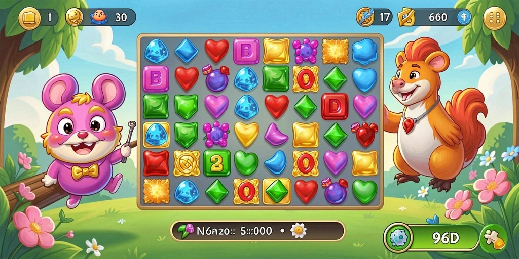 Tampilan gameplay Match-3 yang penuh warna dan menarik di 66D.