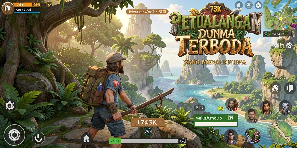 Screenshot gameplay 73K menampilkan aksi petualangan dunia terbuka.