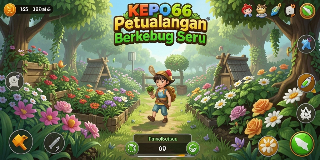 Screenshot gameplay KEPO66 menampilkan kebun dengan tanaman subur dan hewan ternak.