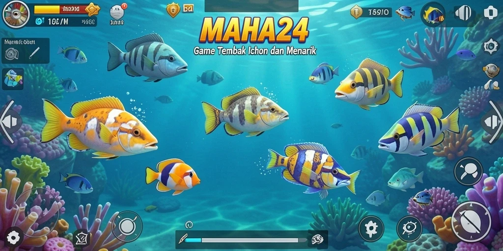 Screenshot gameplay MAHA24 yang menonjolkan aksi menembak ikan.