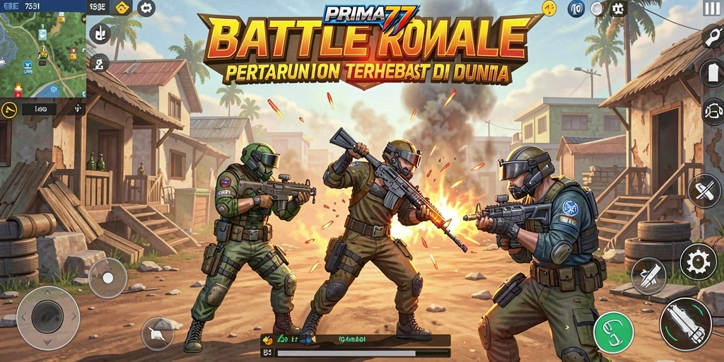 Screenshot utama PRIMA77 menampilkan intensitas pertarungan dalam game Battle Royale.
