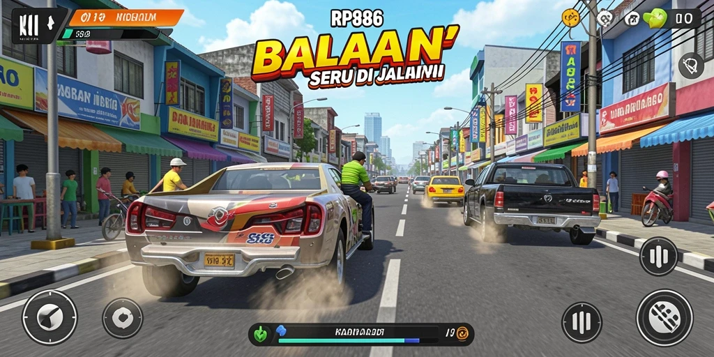 Tangkapan layar gameplay RP886 menunjukkan aksi balapan yang mendebarkan.