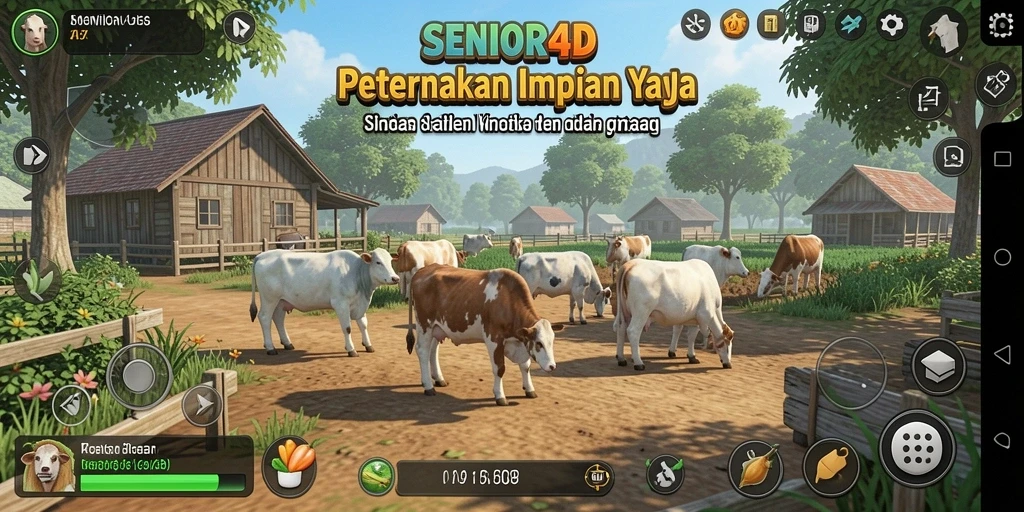 Visual gameplay SENIOR4D yang menampilkan pertanian subur dan beragam tanaman.