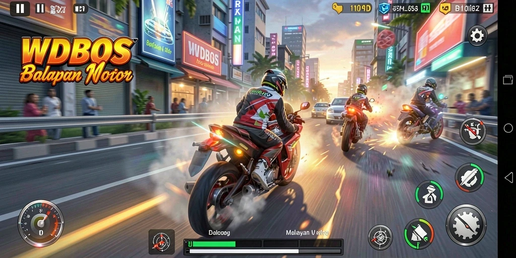 Screenshot utama WDBOS menampilkan aksi balap motor yang seru.